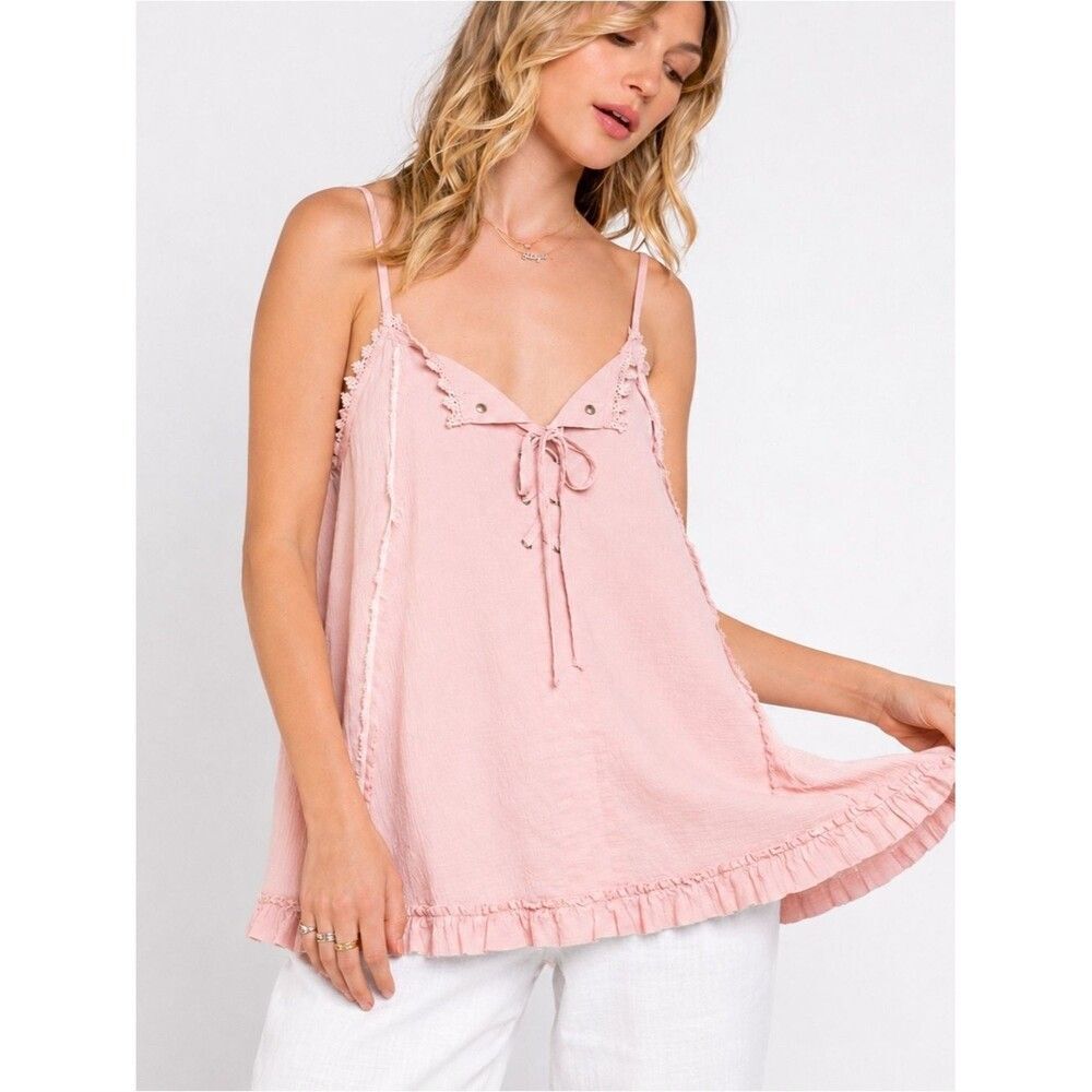 POL Mod Juliet Pink Lace Trim Cami Tank Top Size M Boho Coquette